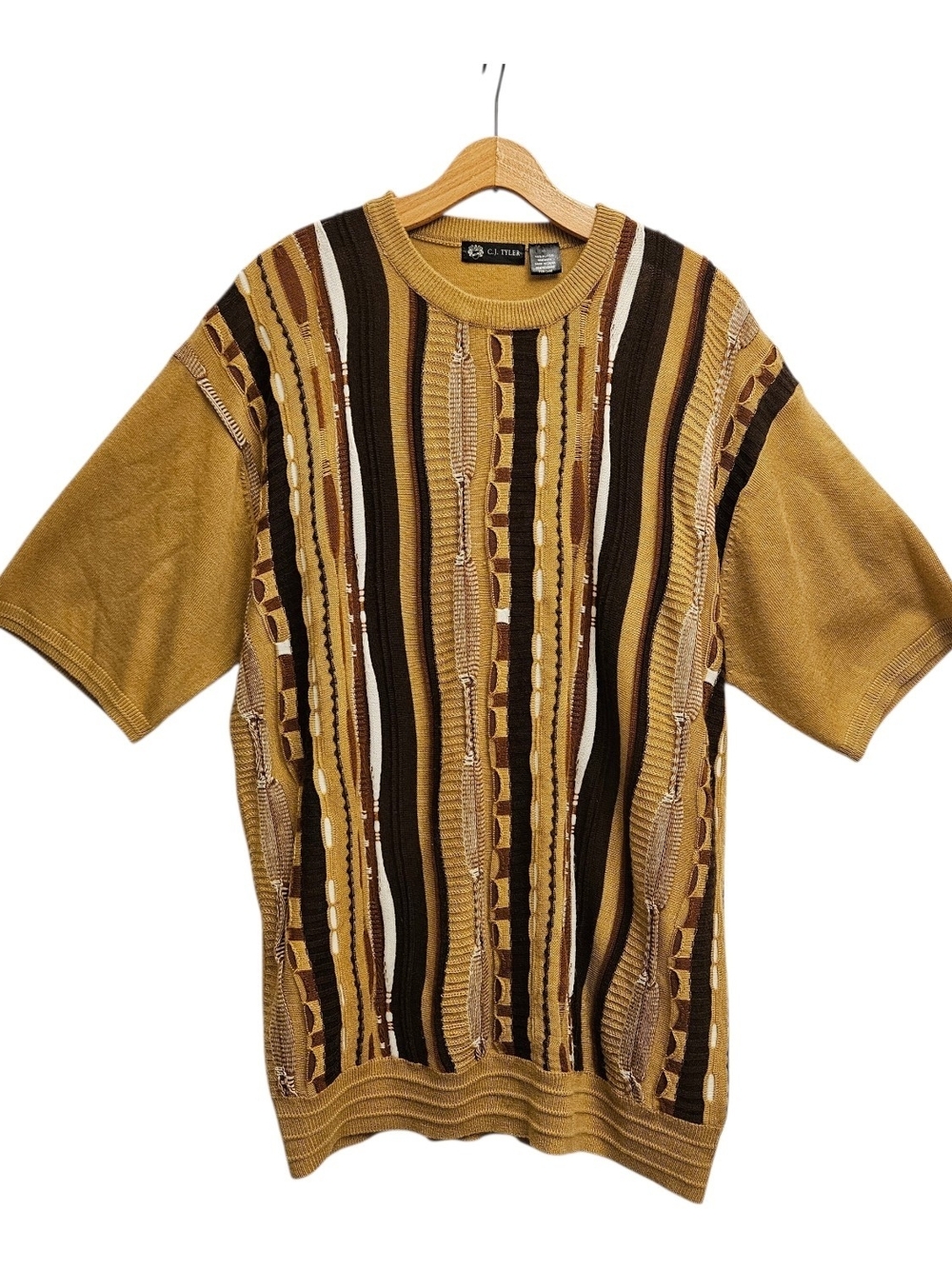 Vintage CJ Tyler Coogi Style Short Sleeve Knit Sweater Mens XL 3D Knit Biggie
